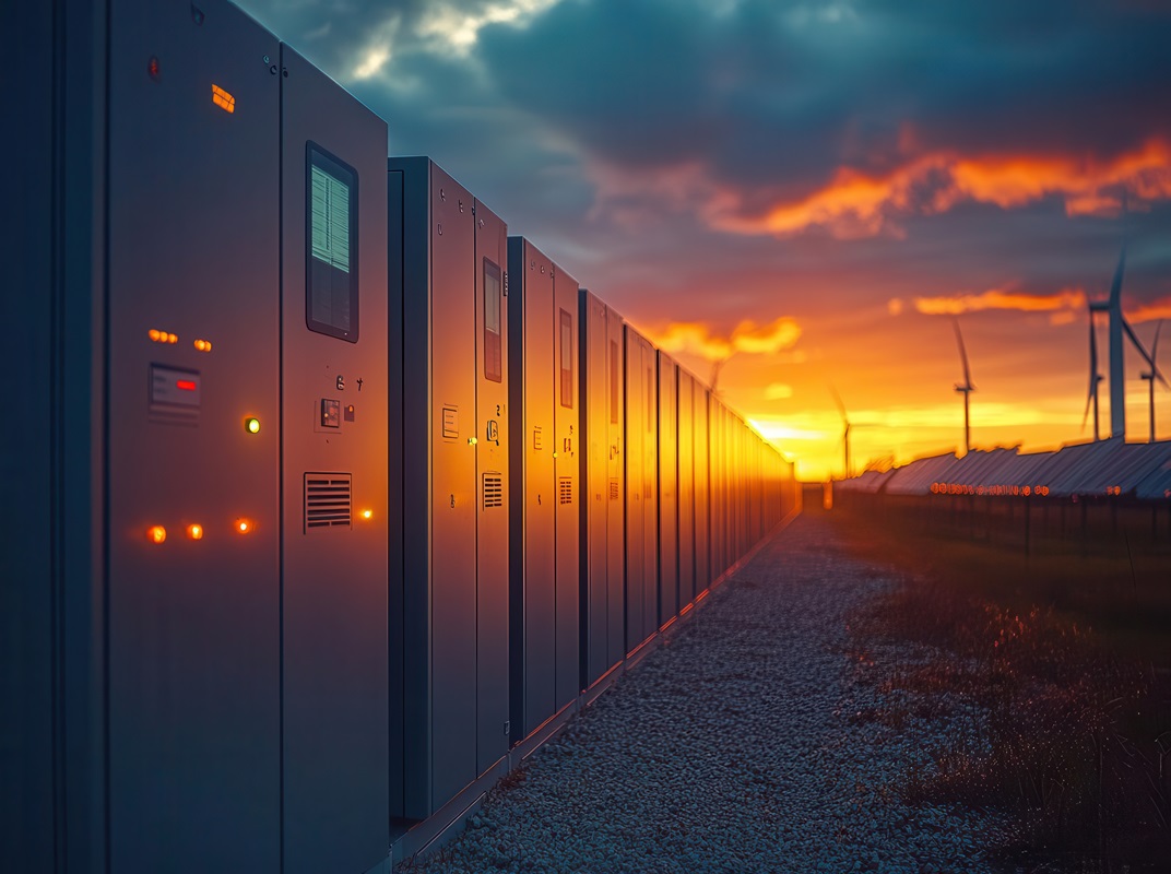 Reihe von Batteriespeichern einer Energiespeicheranlage bei Sonnenuntergang, im Hintergrund Windräder und Solarpanele