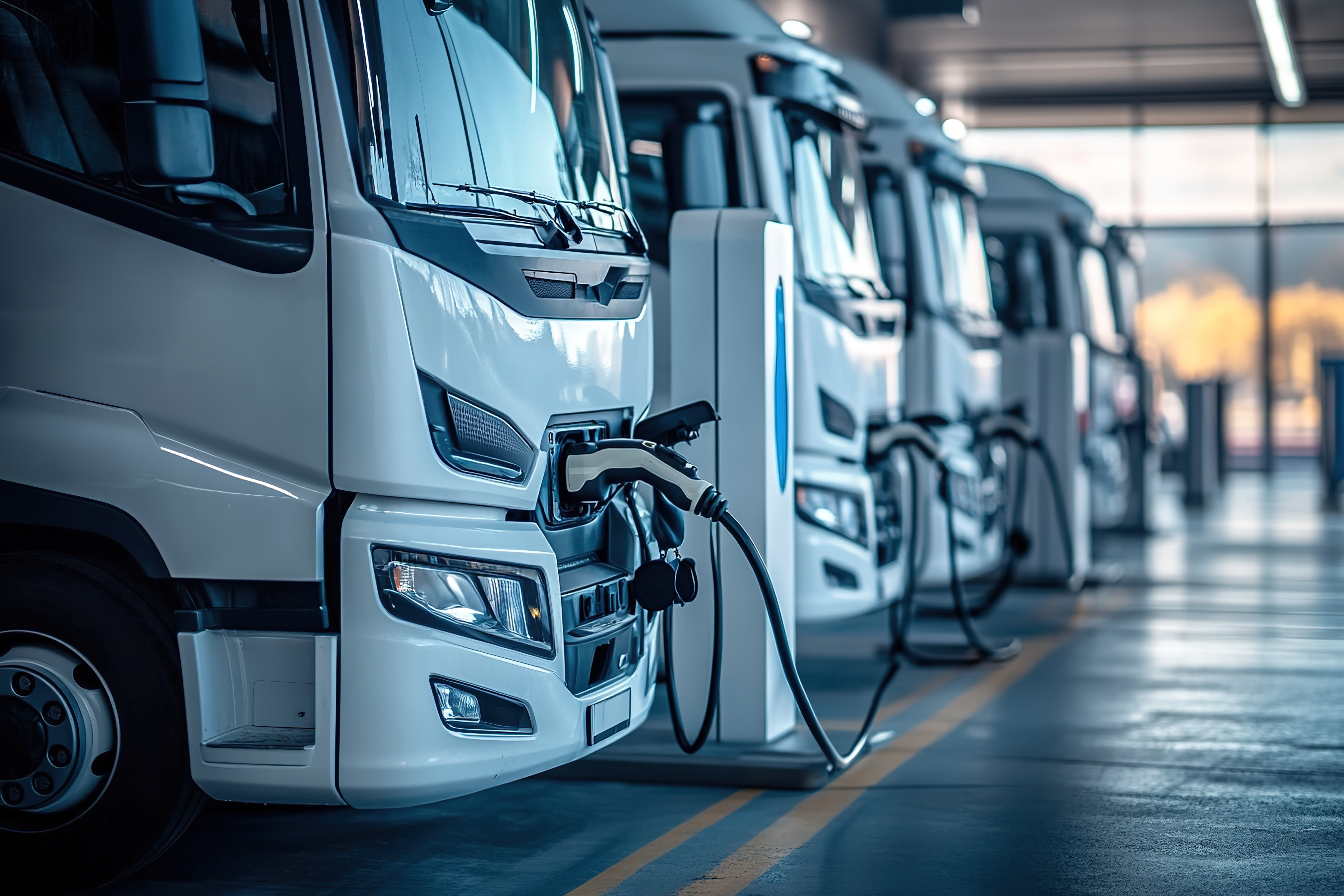 BEV-LKW an Ladestationen in einer Halle